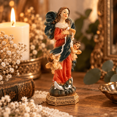 Beeldje van de Heilige Maagd Maria, knopenontwarster, met engelen - 11 cm