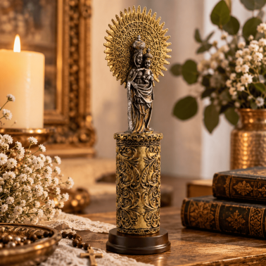 Statuetta della Vergine del Pilar con Gesù Bambino - Finitura bronzo e oro - 20 cm