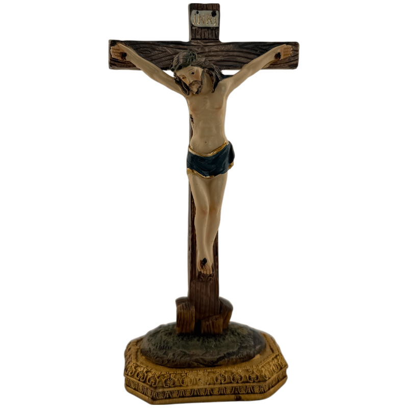 تمثال المسيح المصلوب على صليب مع قاعدة - بتأثير الخشب - 11 سم-FIGURAS RELIGIOSAS-HOSTENATURA