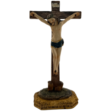 Figura Cristo Crucificado sobre Cruz con Base - Efecto Madera - 11 cm