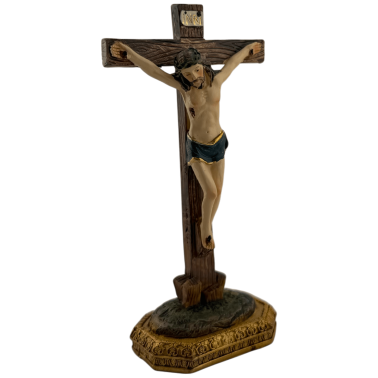 Christus gekruisigd beeldje op kruis met sokkel - Houtnerf-effect - 11 cm