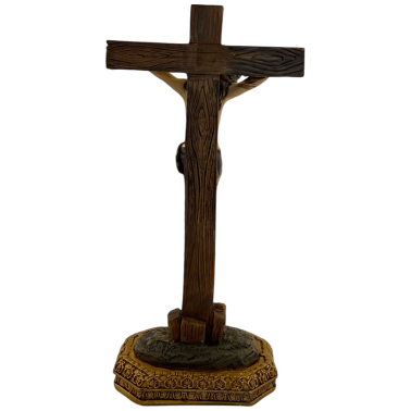 Figura Chrystusa Ukrzyżowanego na krzyżu z podstawą - efekt drewna - 11 cm