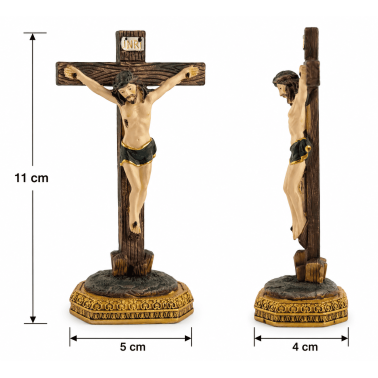 Statuetta di Cristo Crocifisso su Croce con Base - Effetto Legno - 11 cm