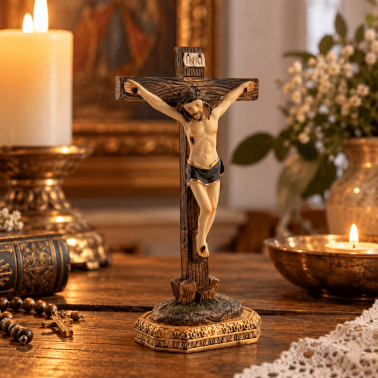 Christ Crucified Figure on Cross with Base - Wood Effect - 11 cm