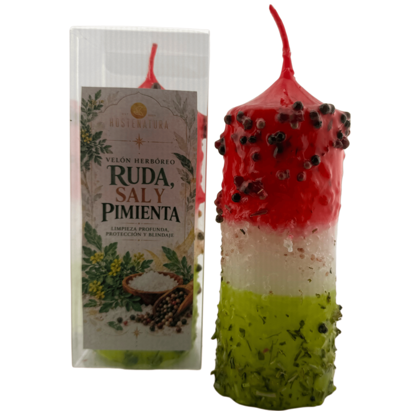 Lumânare cu plante Rue, Sare și Piper - Lumânare Ezoterică 17x6cm - Curățare profundă, protecție și ecranare-Lumânări din plante cu scop - Lumânări ezoterice-HOSTENATURA