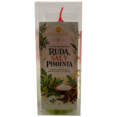 Lumânare cu plante Rue, Sare și Piper - Lumânare Ezoterică 17x6cm - Curățare profundă, protecție și ecranare