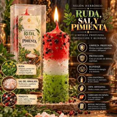 Lumânare cu plante Rue, Sare și Piper - Lumânare Ezoterică 17x6cm - Curățare profundă, protecție și ecranare