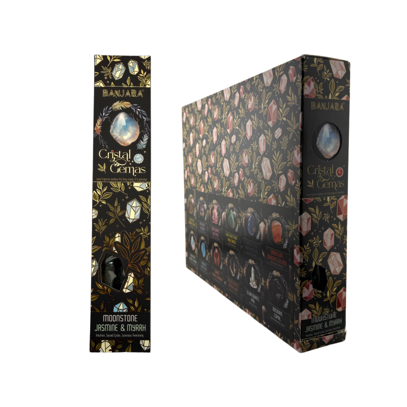 Caja Incienso Cristal Gemas Banjara Piedra Luna - Jazmín y Mirra - Caja de 12 Unidades (96 Varillas + 12 Gemas)-Inciensos Cristal Gemas Banjara - Inciensos Orgánicos con Minerales-HOSTENATURA