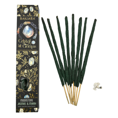Pudełko na kadzidełka Banjara Moonstone Crystal – Jaśmin i Mirra – 12 sztuk (96 patyczków + 12 klejnotów)