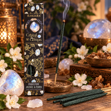 Banjara Moonstone Crystal Incense Box - Jasmine and Myrrh - Box of 12 Units (96 Sticks + 12 Gems)