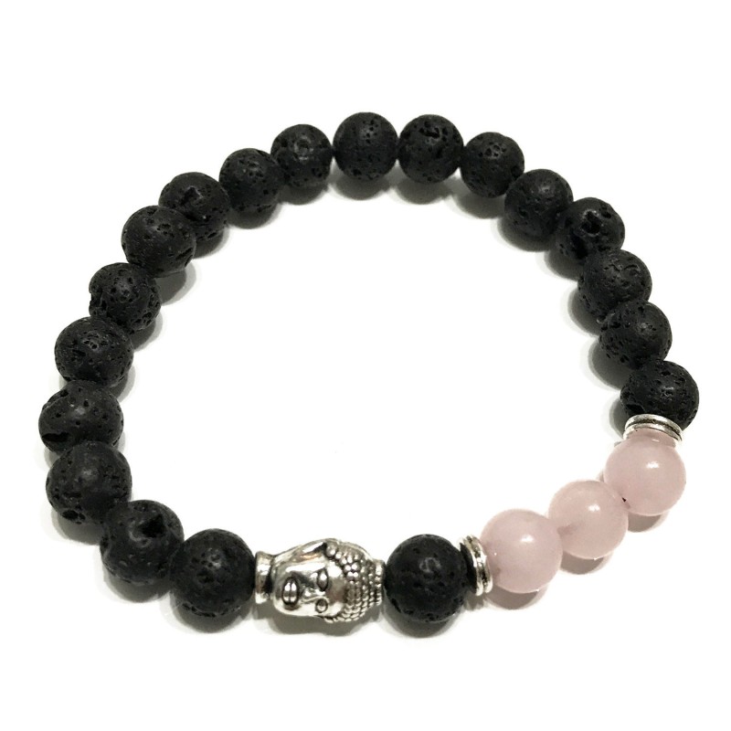 Bracelet Pierre de Lave - Bouddha - Quartz Rose-BRACELET EN PIERRE DE LAVE-HOSTENATURA