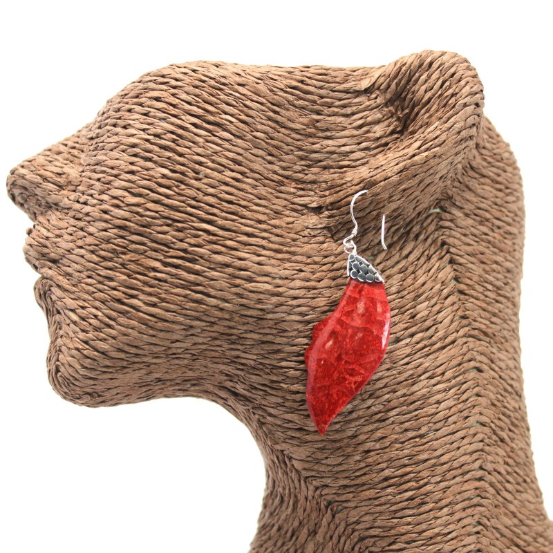 Boucles d’oreilles argent et corail - Feuilles tombantes-BOUCLES D'OREILLES ARGENT ET CORAIL-HOSTENATURA