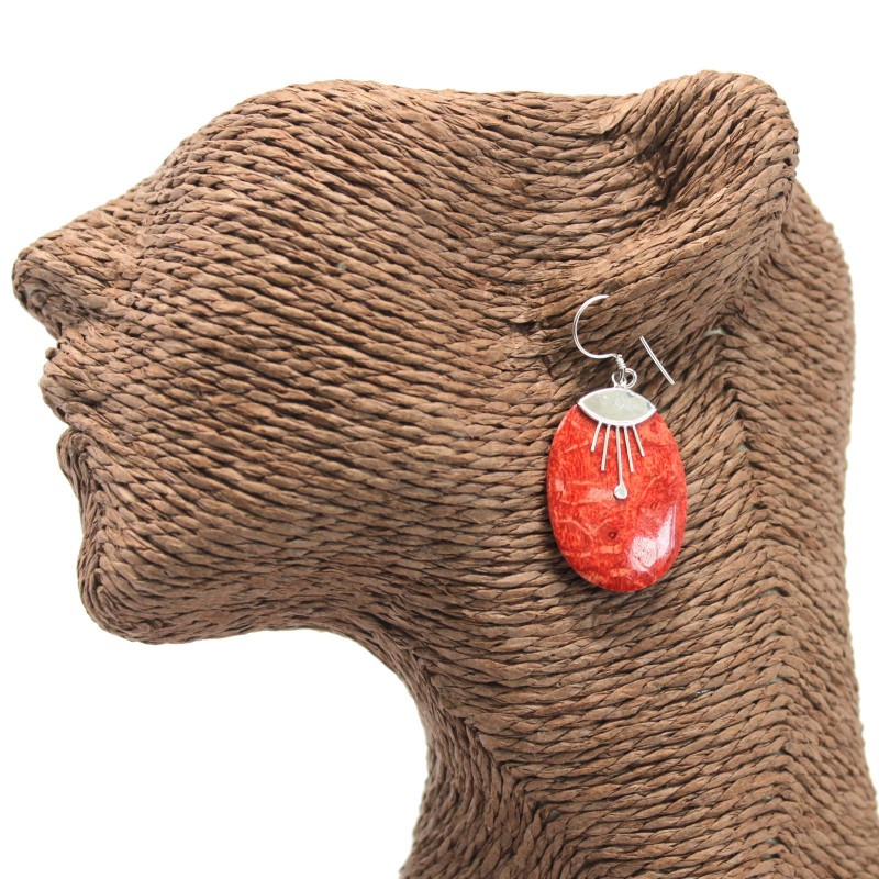 Boucles d’oreilles argent et corail - Ovale-BOUCLES D'OREILLES ARGENT ET CORAIL-HOSTENATURA