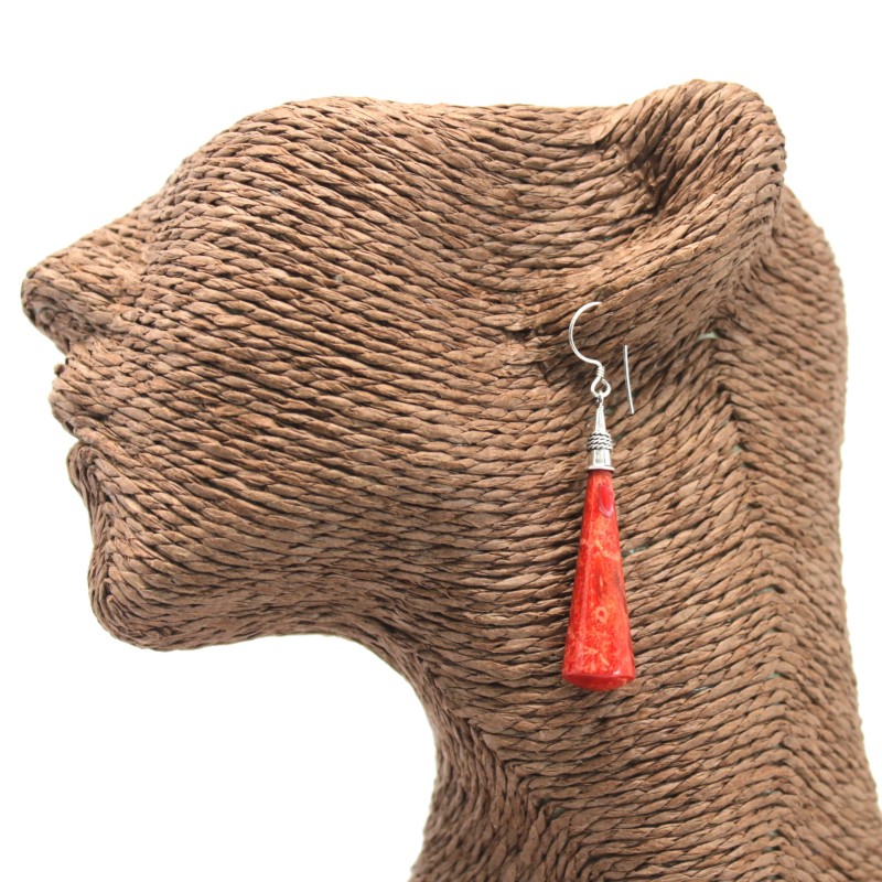 Boucles d’oreilles argent et corail - Longue goutte d’eau-BOUCLES D'OREILLES ARGENT ET CORAIL-HOSTENATURA