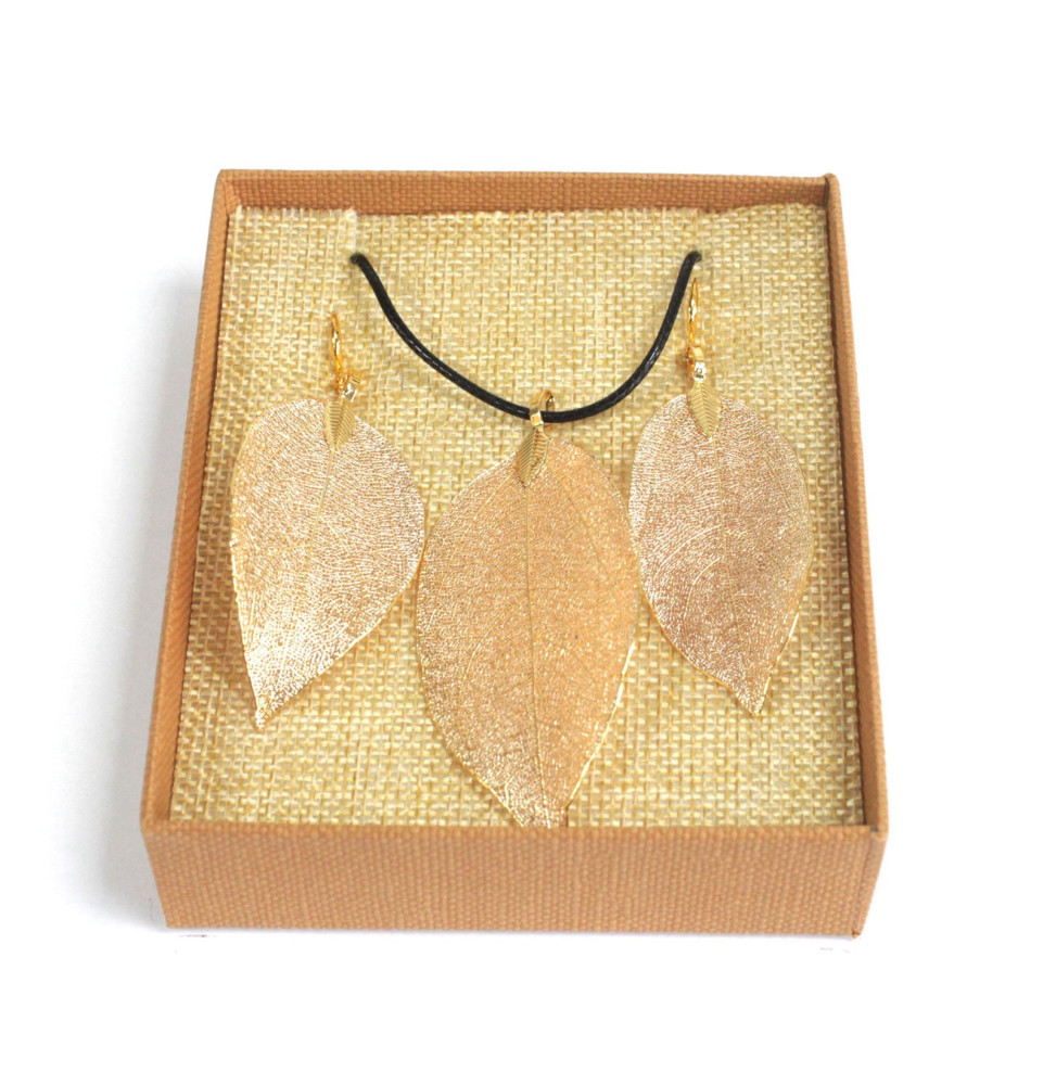 Conjunto de collar y aretes - Hoja de valor - Oro-LEAF-SHAPED JEWELS-HOSTENATURA