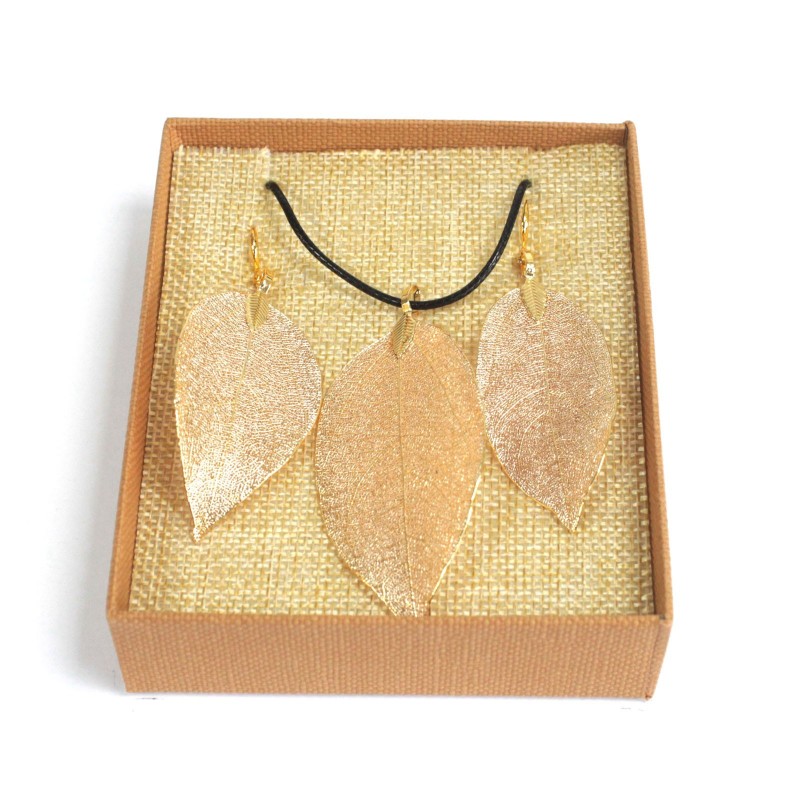 Necklace & Earrings Set - Value Foil - Gold-LEAF-SHAPED JEWELS-HOSTENATURA