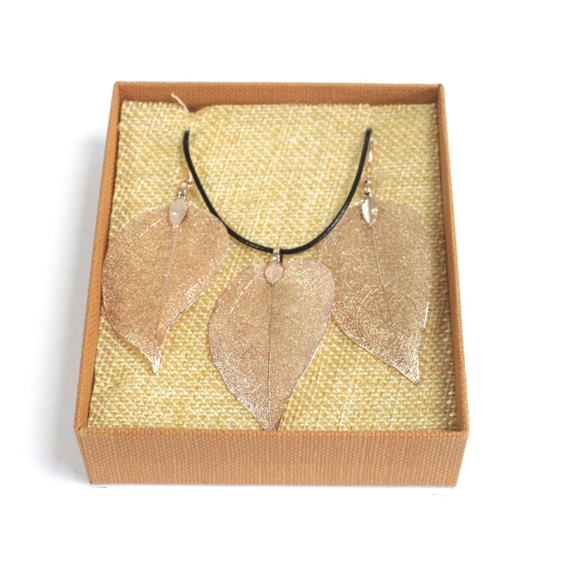 Necklace & Earrings Set - Value Foil - Rose Gold-LEAF-SHAPED JEWELS-HOSTENATURA