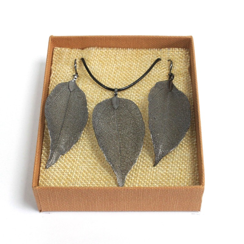 Necklace & Earrings Set - Value Foil - Pewter-LEAF-SHAPED JEWELS-HOSTENATURA