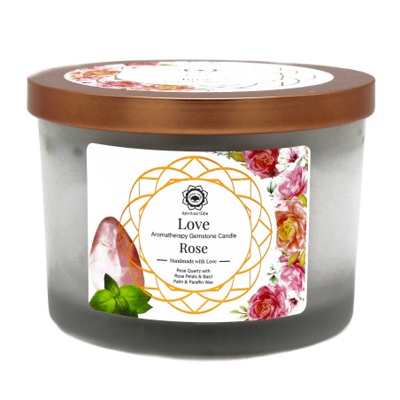Vela de Soja de Rosa Y Piedra Preciosa Cuarzo Rosa - Amor - 12