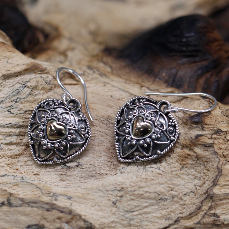 Silver and Gold Earring - Mandala Hearts-BALI SILVER EARRINGS AND BRACELETS-HOSTENATURA