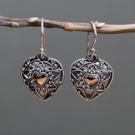 Pendiente de Plata y Oro - Corazones de Mandala  - 3