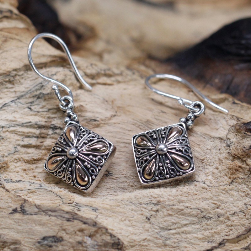 Silver and Gold Earring - Square Drop-BALI SILVER EARRINGS AND BRACELETS-HOSTENATURA