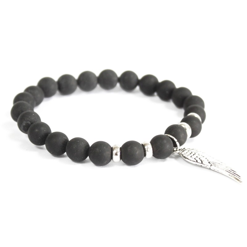 Pulseira de ágata negra con ala de anxo-PULSERAS COLAR PEDRAS PRECIOSAS-HOSTENATURA