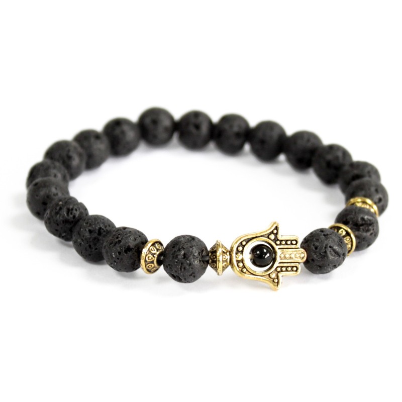 Gold Hamsa/Lava Stone - Gemstone Bracelet-BRACELETS NECKLACES GEMSTONES-HOSTENATURA