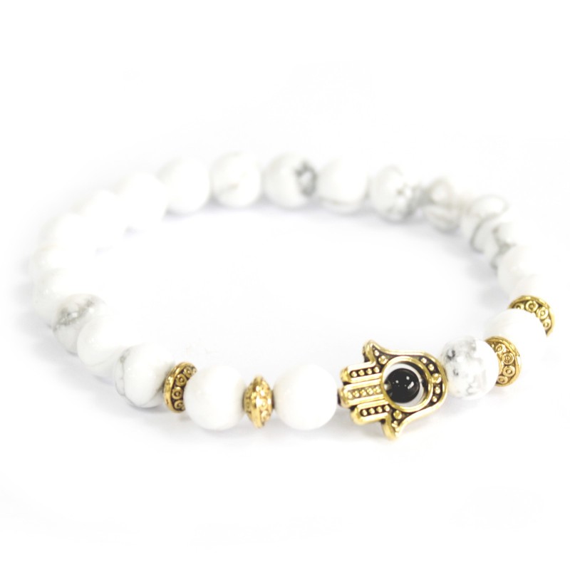 Gold/White Stone Hamsa - Pulseira de pedras preciosas-PULSERAS COLAR PEDRAS PRECIOSAS-HOSTENATURA