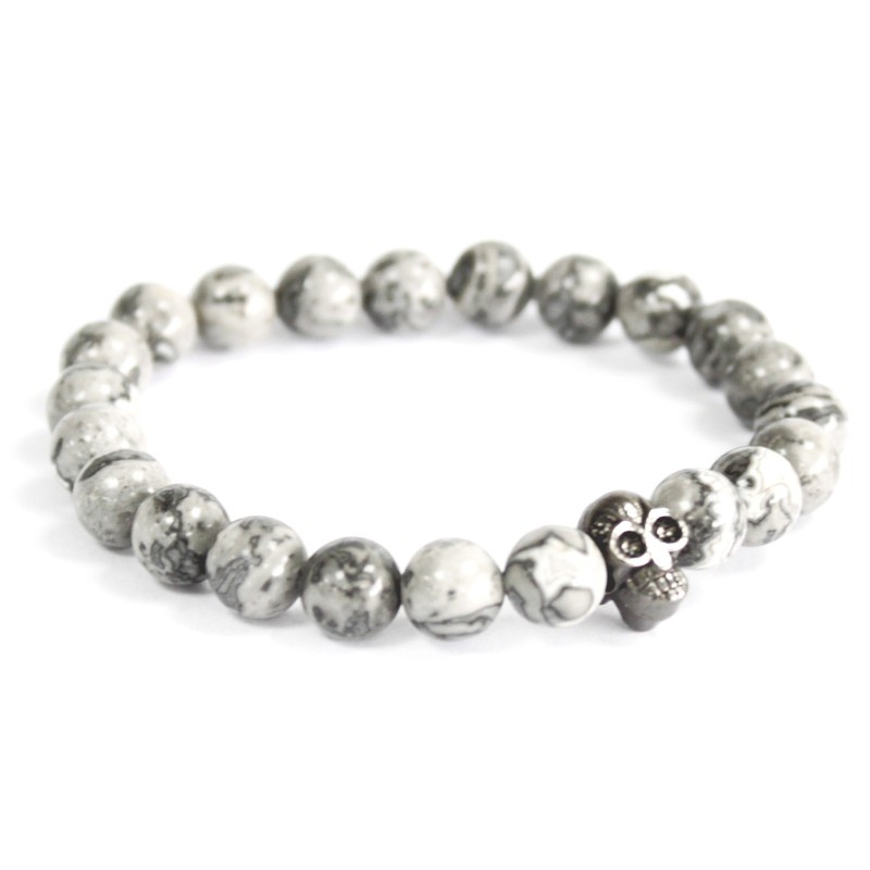 Pulseira de caveira de peltre de ágata gris-PULSERAS COLAR PEDRAS PRECIOSAS-HOSTENATURA