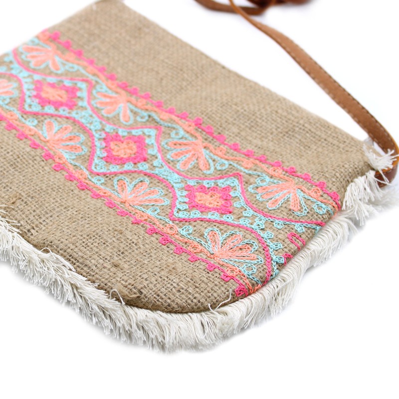 Fringed Bag - Summer Pattern Embroidery-ECOLOGICAL JUTE BAGS-HOSTENATURA