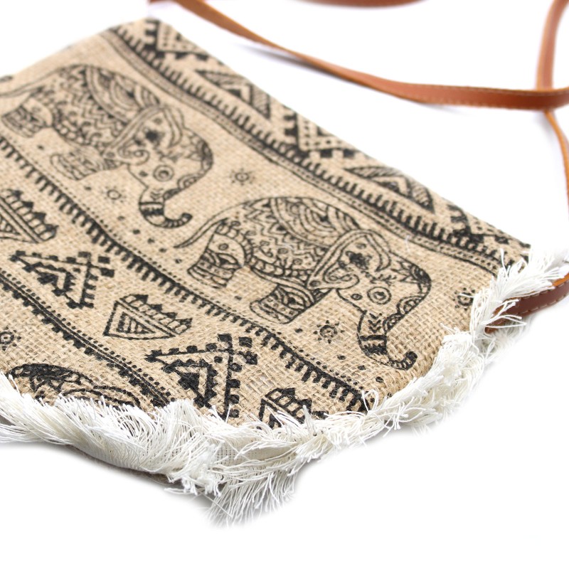 Fringed bag - Elephant print-ECOLOGICAL JUTE BAGS-HOSTENATURA