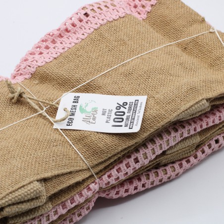 Bolsa de Malla de Yute Suave Puro y Algodón- Rosa  - 4