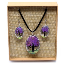 Pendant and Earrings Pressed Flowers - Tree of Life - Lavender