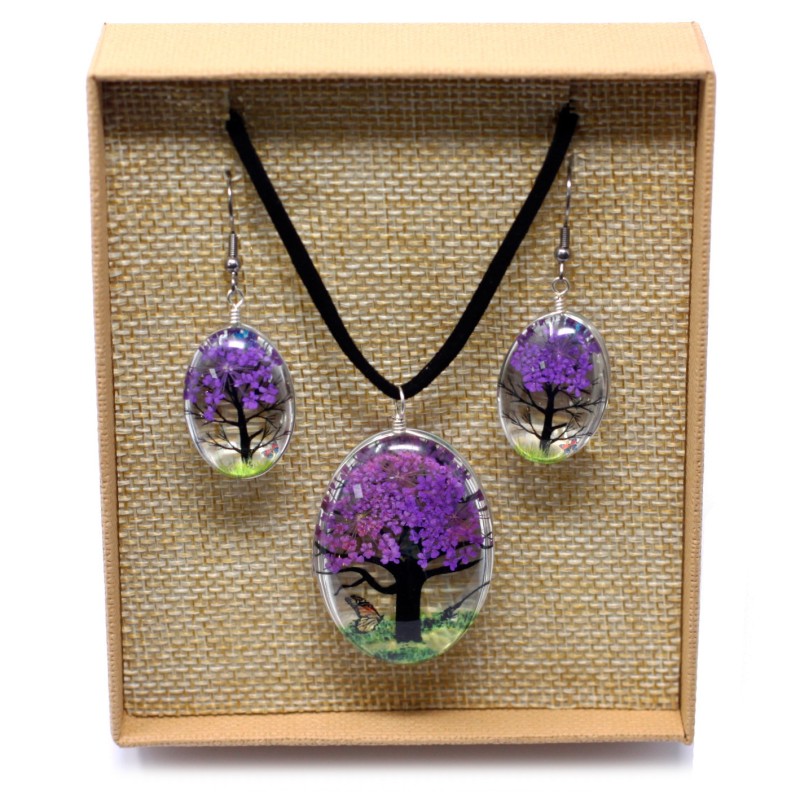 Pendant and Earrings Pressed Flowers - Tree of Life - Lavender-PRESSED FLOWER JEWELS-HOSTENATURA