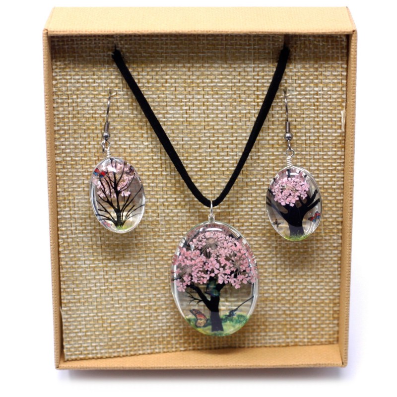 Pendant and Earrings Pressed Flowers Pressed Flowers - Tree of Life - Pink-PRESSED FLOWER JEWELS-HOSTENATURA