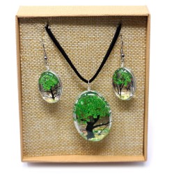 Pendant and Earrings Pressed Flowers - Tree of Life - Green