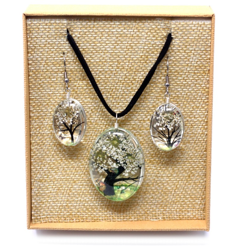 Pendant and Earrings Pressed Flowers Pressed Flowers - Tree of Life - White-PRESSED FLOWER JEWELS-HOSTENATURA