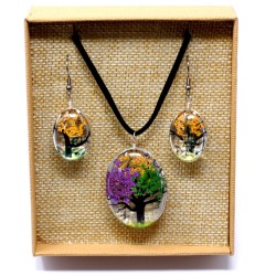 Pendant and Earrings Pressed Flowers - Tree of Life - Mixed Colors