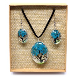 Pendant and Earrings Pressed Flowers Pressed Flowers - Tree Of Life - blue green