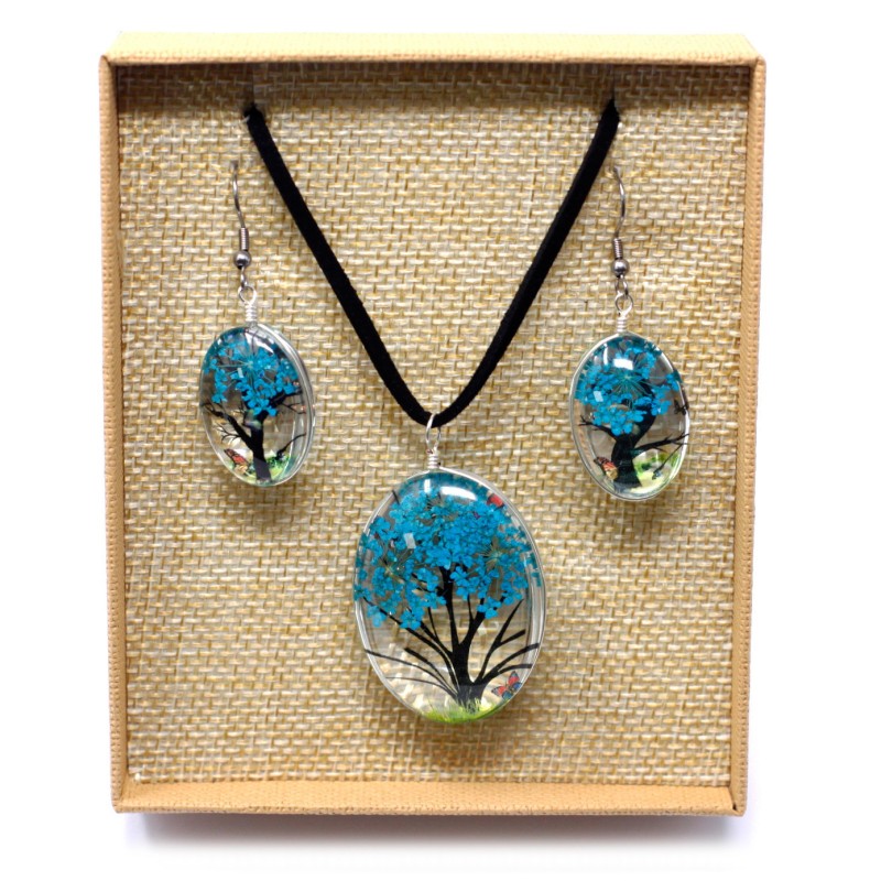 Pendentif et boucles d’oreilles Fleurs Pressées Fleurs Pressées - Arbre De Vie - bleu vert-BIJOUX FLEURS PRESSÉES-HOSTENATURA