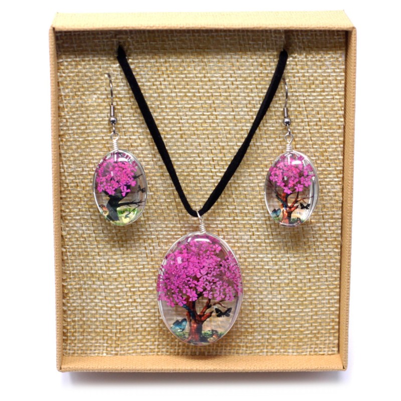 Ingedrukte bloemen - Levensboom - Felroze-GEPERSTE BLOEM SIERADEN-HOSTENATURA