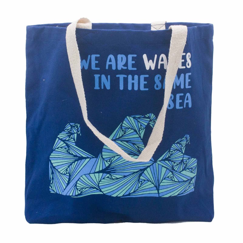 Bedruckte Baumwolltasche - we are waves - grau, blau, natur-TASCHEN AUS 100 % BAUMWOLLE-HOSTENATURA