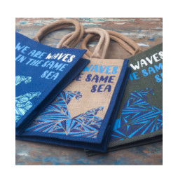 bolsa de yute estampada - Somos olas - Cinza, Azul y Natural