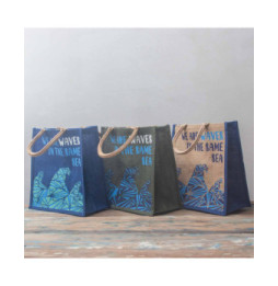 bolsa de yute estampada - Somos olas - Cinza, Azul y Natural