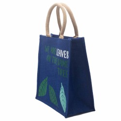 bedrukte jute tas - We are leaves - Geel, Blauw en Naturel