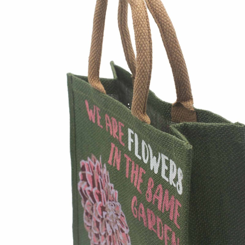 bedrukte jute tas - Wij zijn bloemen - Olijf, Roze en Naturel-ECOLOGISCHE JUTE ZAKKEN-HOSTENATURA