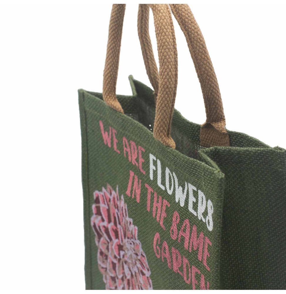 bolsa de yute estampada - Somos flores - Oliva, Rosa y Natural