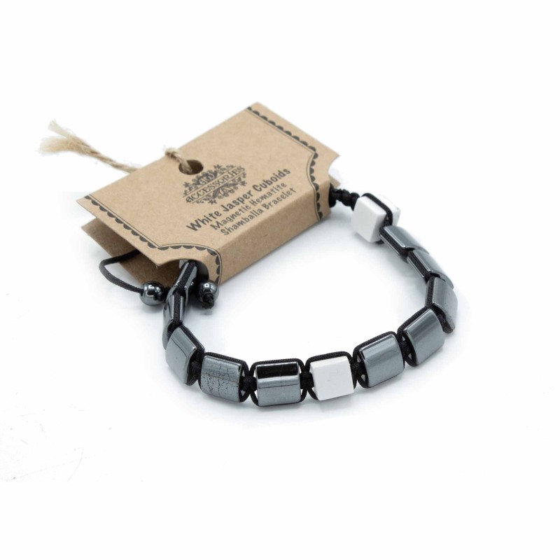 Bracciale magnetico Shamballa in ematite - Cuboidi di diaspro bianco-BRACCIALETTI MAGNETICI-HOSTENATURA