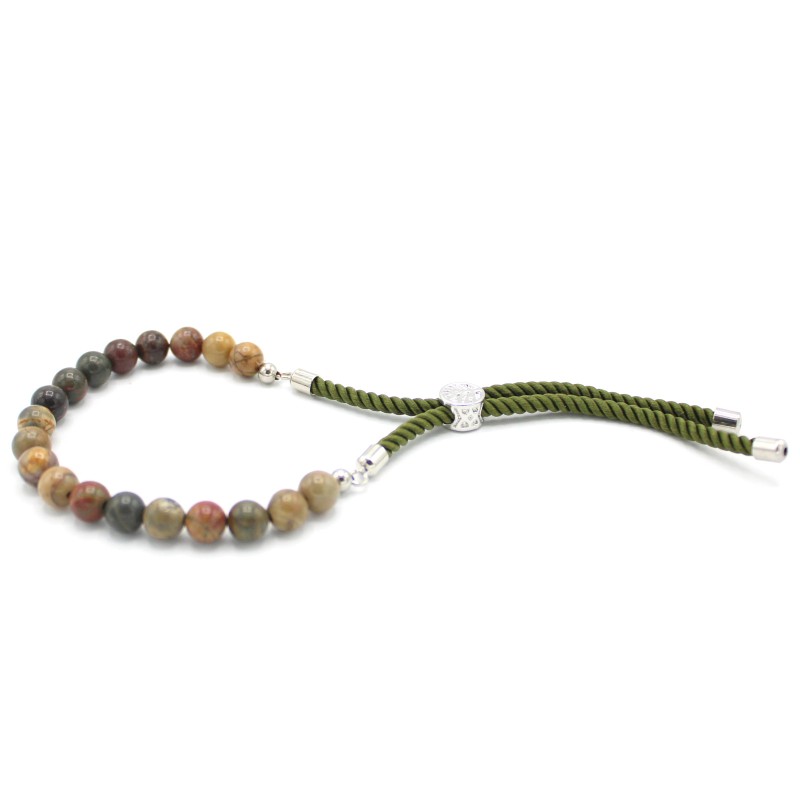 Adjustable green thread bracelet with multicolor jasper in 18K gold-BRACELETS NECKLACES GEMSTONES-HOSTENATURA